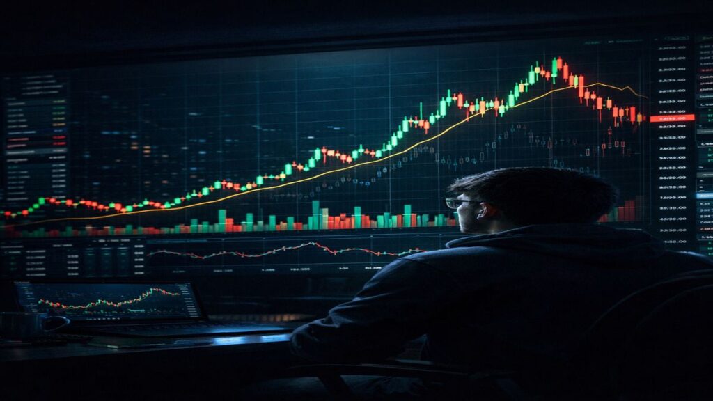 trader analyzing crypto candlestick chart