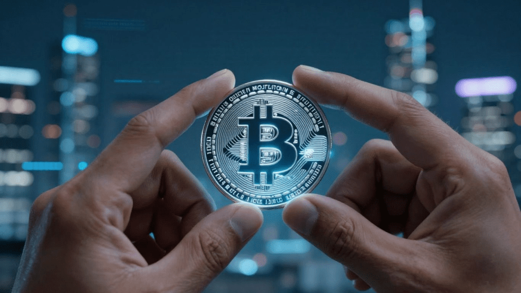 crypto coin held by hands 